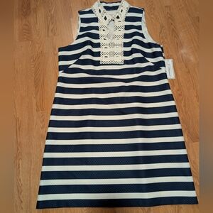 NWT J. Howard Navy & White Striped Shift Dress with Crochet Neckline - Size 14